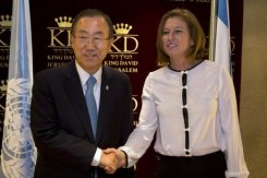Israeli Justice Minister Tzipi Livni (right) greets Ban Ki-moon in Jerusalem on Friday. The UN chief called on Israelis and Palestinians on Friday to overcome "deep scepticism" that he said risked thwarting efforts to reach a peace agreement.