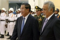 Cambodian Prime Minister Hun Sen (L) with East Timor's Prime Minister Xanana Gusmao in Phnom Penh on September 5, 2013. Hun Sen, 61, a former Khmer Rouge cadre who defected and oversaw Cambodia's rise from the ashes of war, has vowed to rule until he is 74.