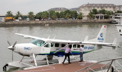 The 12-seat Cessna Grand Caravan seaplane at Tuan Chau marina
